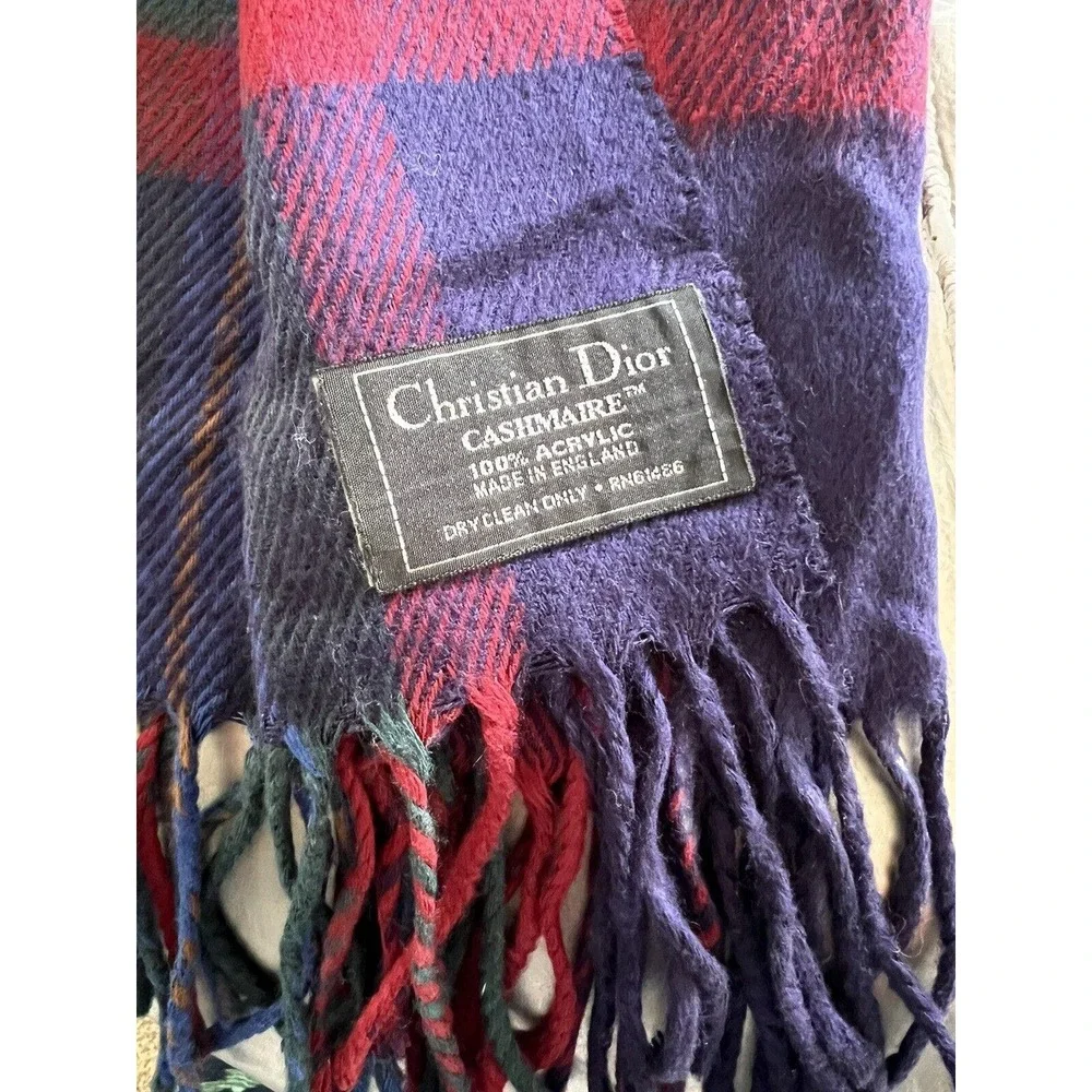 Christian Dior Multicolor Blue Plaid Cashmere Scarf 14.5x70
